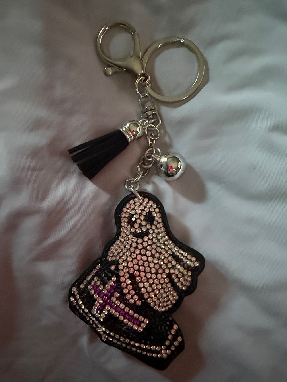 Rhinestone Ghost Keychain Charm in Black and Pink